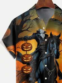 Camicia a maniche corte da uomo con stampa di cavaliere e zucca di Ognissanti, con tasche