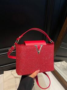 1 buc. Geantă de mână în formă de V cu paiete, stil matur, magnetic, pentru seară, curea de umăr lungă și confortabilă, PU, geantă crossbody, versatilă, casual, foarte atractivă, potrivită pentru ieșiri în oraș, în aer liber, utilizare zilnică, potrivită ca și cadou pentru familie și prieteni, genți pentru doamne la modă