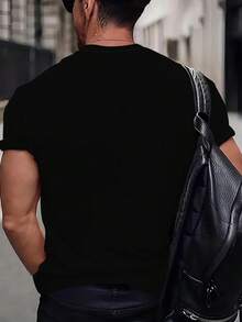 大码男士休闲圆领 T 恤，涤纶针织面料，舒适透气，时尚撞色格子印花，趣味卡通鸭子图案设计，新颖上衣 - 黑色 - 查看 3