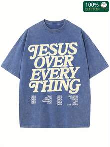 Jesus Above All Else Patterned T-Shirt-Unisex Christian Easter Shirt, Gray Cotton T-Shirt With Bold White Letters, Casual Round Neck, Perfect Gift For Men And Women, 230 Grams Of Medium Thickness. - Xanh đậm - Xem 1