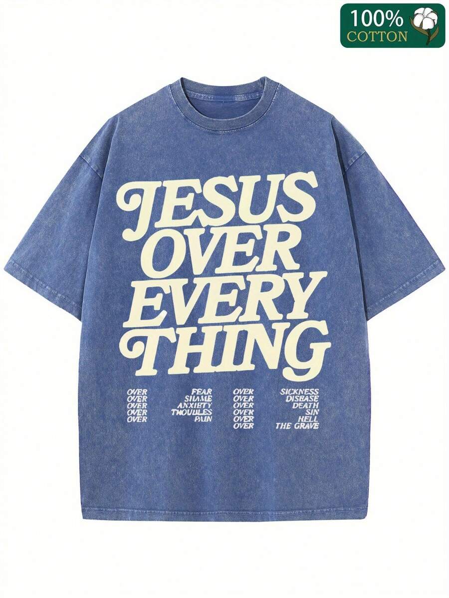 Jesus Above All Else Patterned T-Shirt-Unisex Christian Easter Shirt, Gray Cotton T-Shirt With Bold White Letters, Casual Round Neck, Perfect Gift For Men And Women, 230 Grams Of Medium Thickness. - Xanh đậm - Xem 1