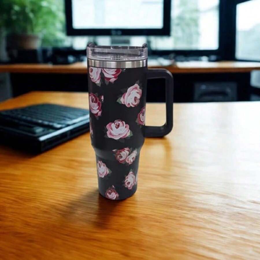 Floral Stainless Steel Thermal Mug With Handle, Lid, And Straw For Coffee, Tea, Juice, Or Water. Designed To Be Portable, It's Ideal For Travel, The Gym, The Car, The Office, And As A Gift. - Preto Prêmio - 查看 1