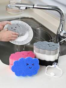 3pcs Double-Sided Sponge Set, Suction Cup Sponge Holder, Self-Draining Kitchen & Bathroom Sink Storage Rack, Includes Double-Sided Dish Sponge, Suitable For Bathroom, Kitchen And More - A - View 4