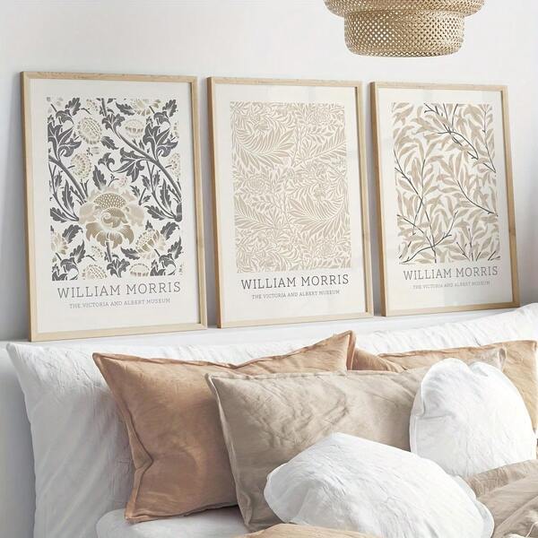 3pcs William Morris Floral Canvas Wall Art Set, Beige Vintage Decor, Frameless Retro Posters For Living Room, Bedroom, Home Office - Neutral Home Decor Gift