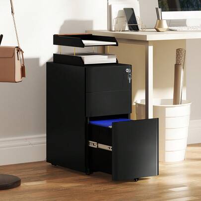  Vinsetto 3-Drawer Mobile Filing Cabinet, Lockable Metal File Cabinet With 5 Wheels For A4/Legal/Letter Sized Documents, Hanging File Folders, Under Desk, Pre-Assembled Body, 30 X 45 X 59 Cm, Black