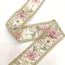 1 Yard Floral Sequin Lace Trim With Sewing Lace Satin Ribbon, Suitable For Wedding Dress, Bag DIY Crafts - For Beginners And Tailors Handmade Accessories - Multicolor - View 2