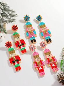 2pcs Bohemian Handmade Beaded Crystal Nutcracker Soldier Drop Earrings For Women, Festive Christmas Holiday Party Daily Wear Jewelry(Handmade Version, With Slight Variations)