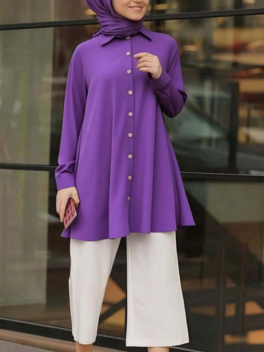 Blus Wanita Lengan Panjang Kerah Kancing Depan Warna Polos, Cocok untuk Musim Gugur, Musim Dingin, dan Musim Semi - Purple - View 1