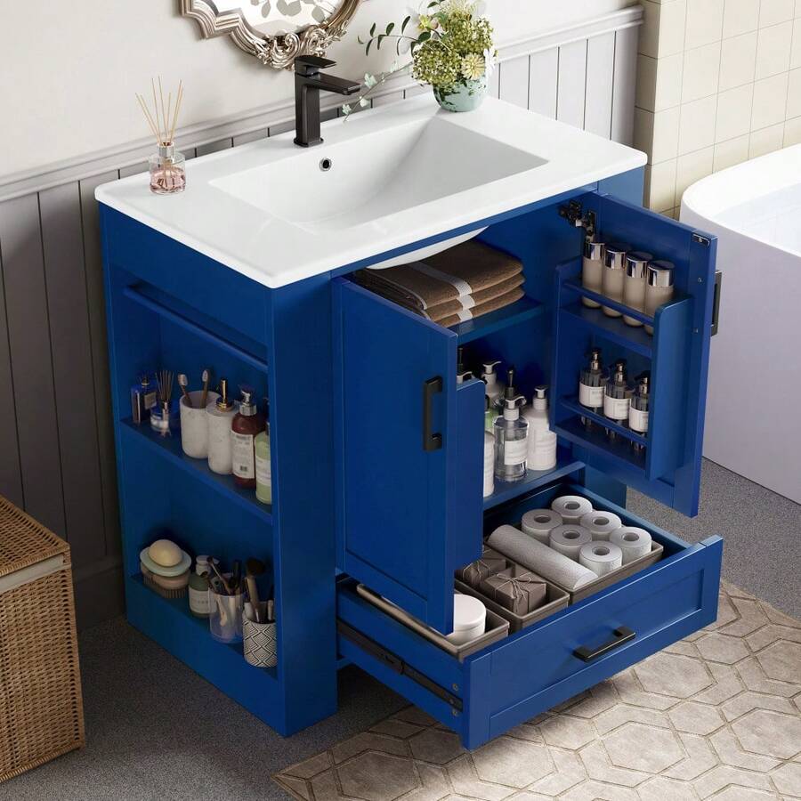 76 x 46 x 78,5 cm Mobile da bagno a terra, mobiletto lavabo, finitura completamente laccata, ripiani a doppia anta, cassetti silenziosi, ripiani su entrambi i lati, lavabo in ceramica integrato, blu