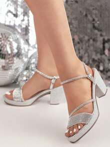 Sandalias de mujer con diamantes brillantes, tacón grueso, punta abierta, tira sencilla, elegantes para fiesta y noche - Plateado - Ver 3