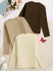 3pcs Girls Autumn Fashion Graphic Print Round Neck Long Sleeve T-Shirt, Comfortable Soft Children Tops, Versatile Outerwear For Teens