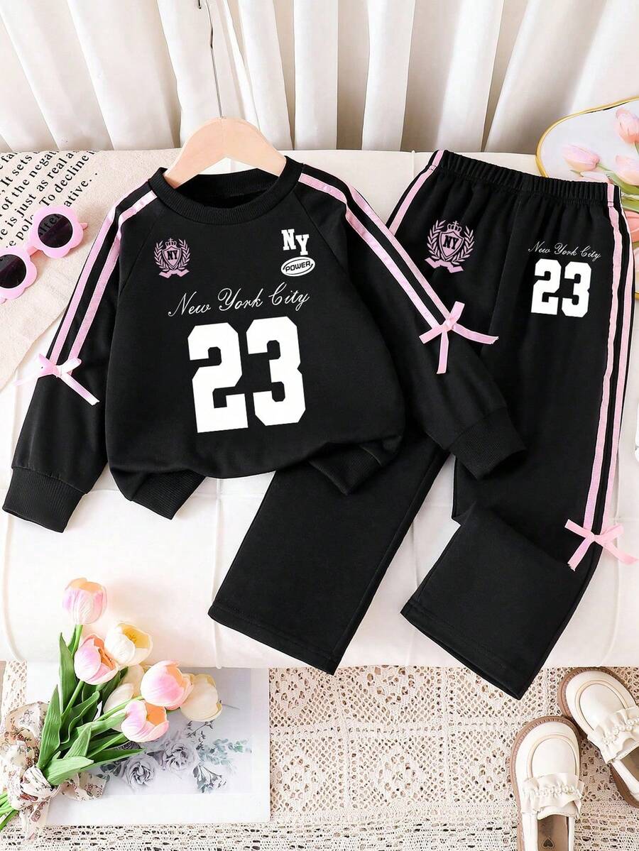 少女休闲运动风数字字母印花撞色条纹侧边圆领卫衣和阔腿裤套装，春秋季 - 黑色 - 查看 1