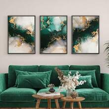 3Piece Emerald Green And Gold Fluid Ink Print Set, Living Room Wall Poster, Unframed - Multicolor - View 13