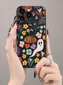 1 pièce Étui de téléphone avec motif citrouille fantôme, avec rebord surélevé pour la caméra et protection des bords en TPU, compatible avec 16/15/14/13/12/11 Pro Max, Galaxy S25/S24/S23/S21 et série A54/A53/A52/A34/A15, cadeau mignon pour les amis, la famille, les couples, les anniversaires - Noir - Voir 3