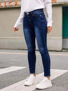 Jeans ajustado para mujeres para uso casual diario ,Pantalones vaqueros azules ajustados elásticos ,Vístete cómoda y con estilo, Pantalones Skinny Jeans de Mezclilla, Efecto Levanta Glúteos, Jeans pitillo - Azul Marino - Ver 2