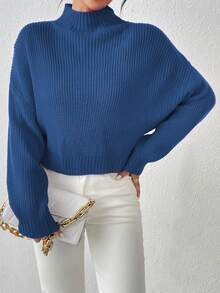 Suéter corto y lindo para mujer, jersey de punto acanalado ligero y cómodo - Neblina azul - Ver 6