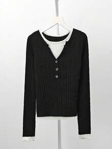 韩版设计 V 领修身二合一长袖针织毛衣，女式分层套头衫