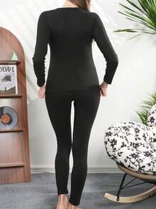 1 Set Knitted Wool & Silk Blend Thermal Underwear, Medium Thickness, Comfortable & Figure-Flattering, Warm For Home Use In Autumn, Winter & Spring - Black - View 2