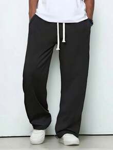 Men's Loose And Fashionable Sporty Long Pants, Featuring A Casual And Simple Solid Color Wide-Leg Design, With Drawstring At The Waist And Large Pockets, Suitable For Daily Strolls, Work, Travel, Etc