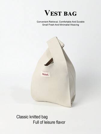 1pc Solid Color Hollow Knitted Lightweight Foldable Casual Tote Handbag Wristlet Bag, Suitable For Women/Girls For Daily, Vacation, School, Commute, All Seasons