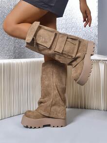 Bốt cổ ngắn hai túi kaki họa tiết chữ U mới cho nữ mùa thu/đông, phù hợp với phong cách đường phố, kiểu dáng Cargo, bốt đế dày chống trượt, phong cách Punk phương Tây có khóa và khóa kéo bên hông, trang phục thường ngày - Màu Khaki - Xem 6