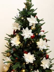 30pcs/20pcs/10pcs/1pc Christmas Tree Decorations, Fake Flowers, Cute Artificial Poinsettia Christmas Tree Decorations, Christmas Flowers, Poinsettia, Glitter Artificial Christmas Flowers, Fake Flowers, DIY Wreaths, Home Decor, Wedding Party, Gift Decorations, Holiday Party Decorations, Christmas/Holiday/Seasonal/Wedding Christmas Tree Decorations, Sparkling Winter Shrub Decor (White) Christmas Decorations Room Decor