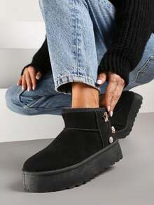 Thick Sole Snow Boots With Metallic Decorations - Black - View 2