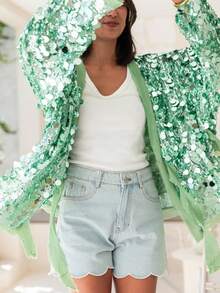 Sequin Tops For Women Lons Sleeve Blouse Contrast Color Neckline For Women Dressy Sparkly Tops V Neck Outfits For Party Glitter Tops - màu xanh lá - Xem 9