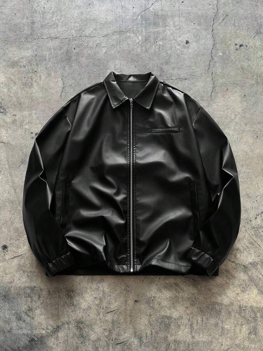 Men's Fashionable Daily Casual PU Leather Fitted Long Sleeve Men Jacket, Urban Black Jacket, For Friends, Husband, Boyfriend Gifts