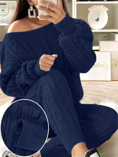 2pcs/Set Women Crewneck Long Sleeve Sweater And Long Pants, Autumn/Winter