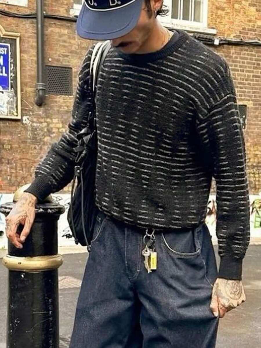 ANDREILEE Herren Rundhals Langarm Drop Shoulder gestreifter Strick Pullover, geeignet für Frühling, Herbst, Winter - Schwarz - Übersicht 1