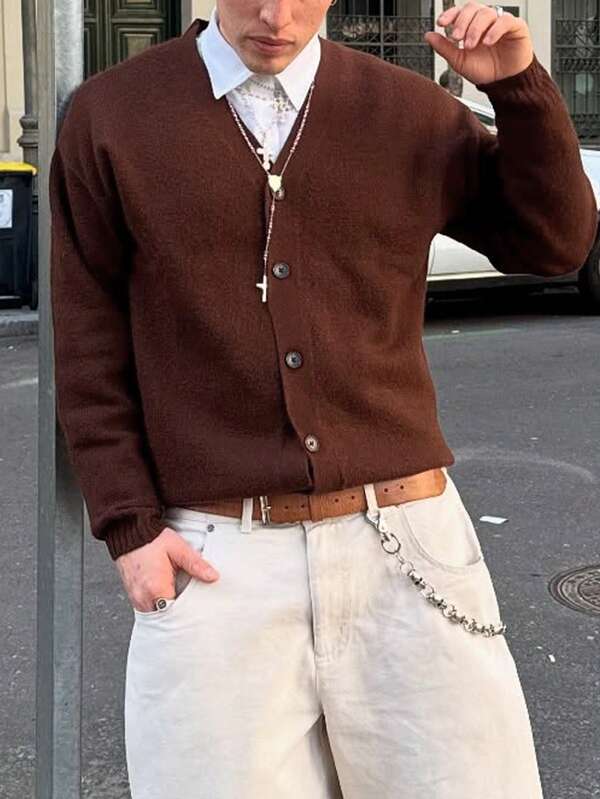 Unisex Casual Loose Solid Color Sweater, Minimalist Design, Streetwear, Long Sleeve Knitted Cardigan, Suitable For Spring, Autumn, Winter