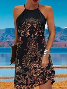 Autumn And Summer Popular New Hot Style Fashion Casual Vacation Style Light And Elegant Ladies All-Match Slim Out Home Travel Work Summer Fall Clothes For Women Preferred Autumn And Summer Women's Vacation Style Women's Retro Printed Casual Neck Hanging Dress ﻿