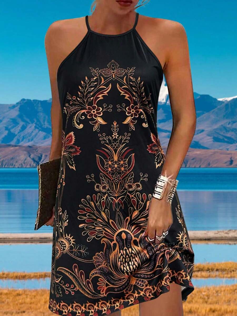 Autumn And Summer Popular New Hot Style Fashion Casual Vacation Style Light And Elegant Ladies All-Match Slim Out Home Travel Work Summer Fall Clothes For Women Preferred Autumn And Summer Women's Vacation Style Women's Retro Printed Casual Neck Hanging Dress ﻿