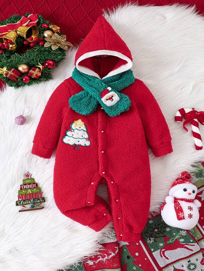 Tutina con cappuccio in pile stile natalizio per bambini, adatta per l'autunno/inverno, adorabile e confortevole, ideale per feste natalizie, un regalo premuroso per bambini o bambine