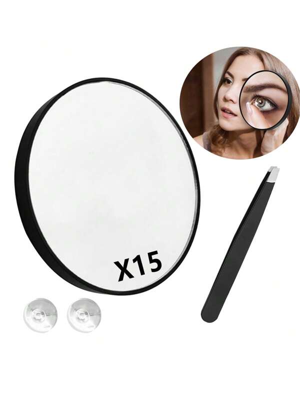 2 peças (espelho de aumento 15x com ventosa e removedor de pelos preciso), espelho de maquiagem com aumento 15x, removedor de pelos de sobrancelhas, acessórios para ferramentas de maquiagem para os olhos, adequado para maquiagem de precisão, remoção de pelos, extração de manchas pretas, limpeza facial, colocação de lentes de contato, etc., maquiagem, barato, decoração de quarto, penteadeira, viagem, quarto, acessórios de maquiagem, espelho, espelho de penteadeira, mini espelho, espelho compacto, espelho pequeno, espelho de mão