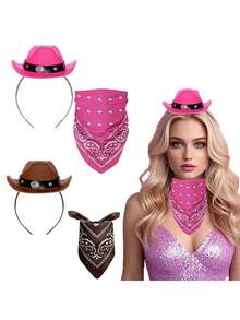 2pcs Cowboy Hat Headband Cowgirl Mini Hat Headbands With Bandana For Women Halloween Birthday Party Favor