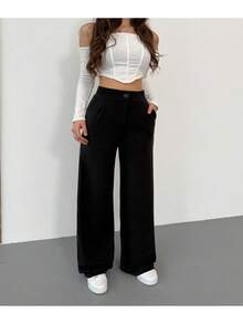 Women's White Lycra Palazzo Loose Wide Leg Trousers - Black - View 3