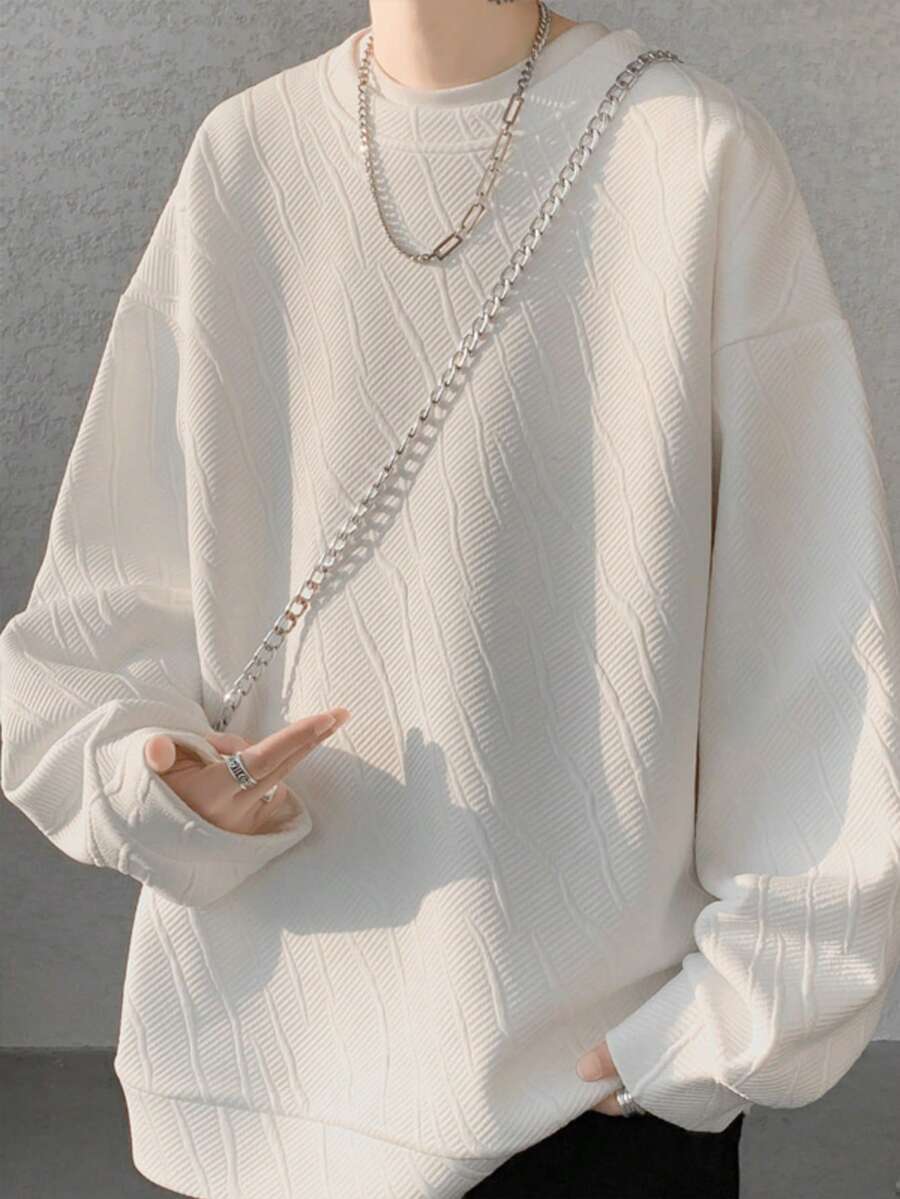 Men's Long-Sleeved Sweatshirt With A Jacquard Weave, Crew Neck, And Apricot-Colored, White, And Black Lining. Available In Plus Sizes, This Stylish, Casual Loungewear Top Is Perfect For Fall And Winter. - trắng - Xem 1