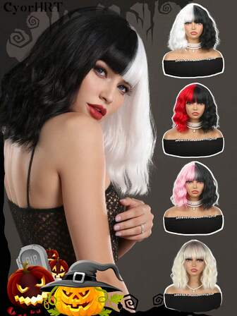 Peluca rizada sintética de 10 pulgadas de dos colores para Halloween - Negro y Rojo / Negro y Rosa / Negro y Blanco / 613# con flequillo, rizos profundos y resistente al calor para disfraces y cosplay, con un aspecto audaz y juguetón