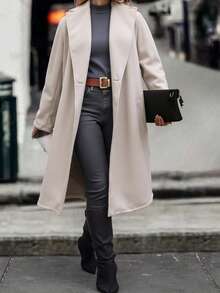 Abrigo midi de mujer de talla grande con ajuste regular, cuello en V profundo, manga larga y detalles de botones en tela tejida