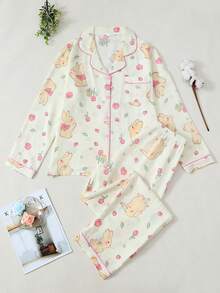 Women's Pajama Set, Long Sleeve Top & Comfortable Pants, Rabbit Print Design, Elegant Sleepwear For All Seasons - 米色 - 查看 1