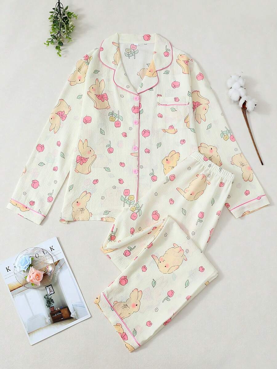 Women's Pajama Set, Long Sleeve Top & Comfortable Pants, Rabbit Print Design, Elegant Sleepwear For All Seasons - 米色 - 查看 1