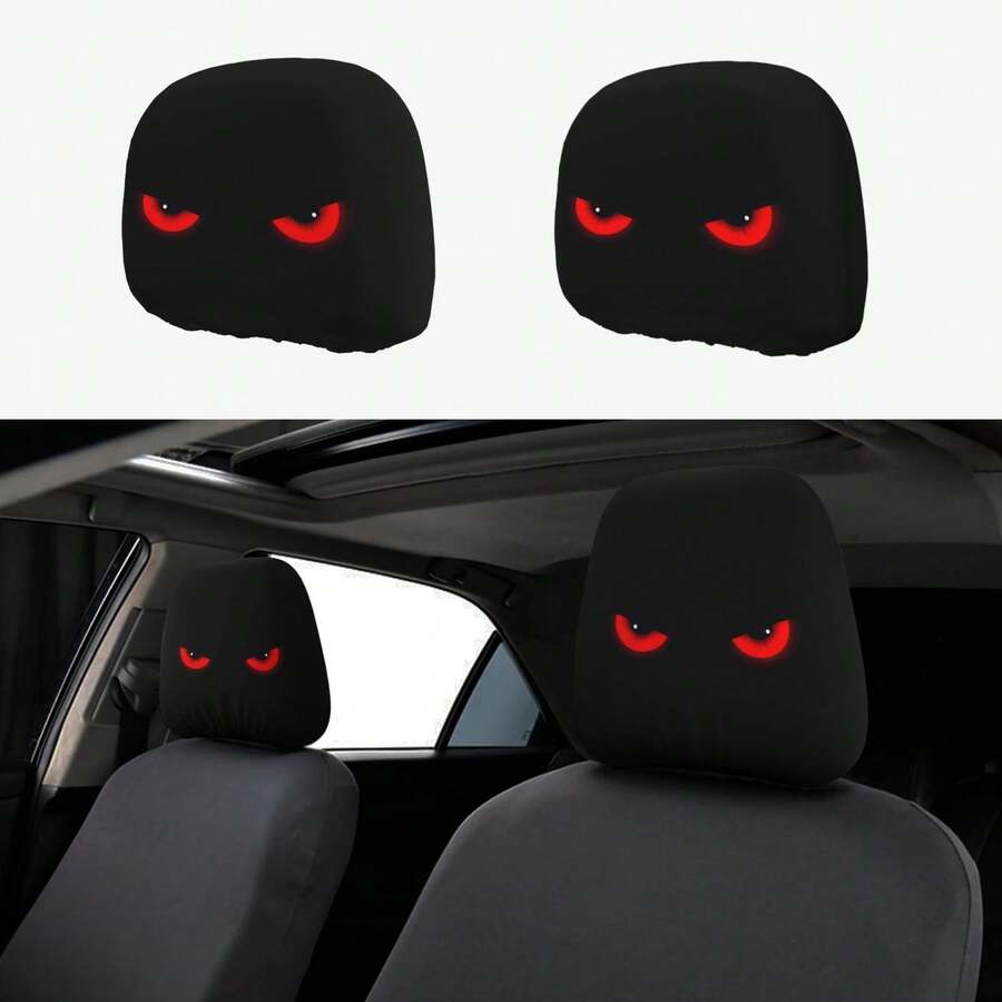 2pcs Red Eye Car Headrest Covers - New Design Fits All Vehicles, Easy Installation - Funny Car Interior Decor For Drivers & Passengers - Durable Fabric Headrest Protectors With Eye-Catching Print