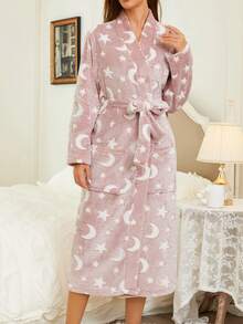 1pc Women's Moon & Star Print Fluffy Robe, Elegant & Fashionable, Thick & Warm For Autumn/Winter, Comfortable For Outdoor, Vacation, And Loungewear, Fall Winter, Cozy - Multicolor - View 2