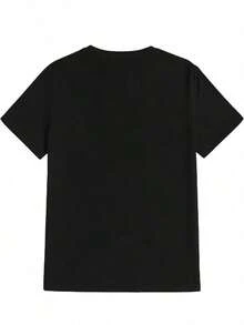 Camiseta casual negra para mujer, 100% algodón, con estampado gráfico de corazón grande, camiseta casual y cómoda de manga corta con cuello redondo, ropa de primavera y verano, adecuada para cualquier ocasión, color sólido, casual, uso diario. - Negro - Ver 2