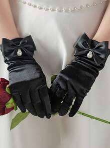 1 双蕾丝蝴蝶结新娘手套仿珍珠乳白色短款手指手套蕾丝立体刺绣优雅下午茶舞会礼服配饰照片道具情人节情人