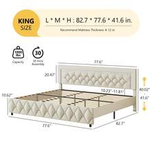 HOMBCK Twin/ Full/ Queen/ King Size Bed Frame, Upholstered Bed Frame With Diamond Headboard And Footboard, No Box Spring Needed, Easy Assembly, White/ Beige/ Black/ Grey/ Pink/ Purple/ Green - 米色 - 查看 10