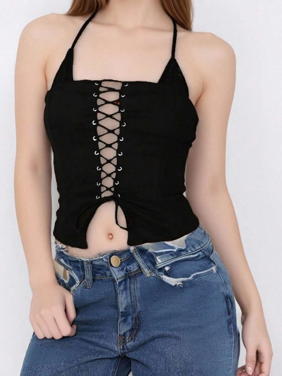Women's Halter Neck Vest Summer Sleeveless Open Back Front Cross Bandage Tank Tops - Black - View 1