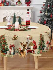 1件复古布艺圣诞桌布，圣诞老人树花环图案，圆形/方形可选，适用于家居装饰、厨房装饰、房间装饰、圣诞桌布/桌裙、圣诞饰品、圣诞派对、圣诞礼物、圣诞派对小礼物、平安夜装饰、2026新年装饰